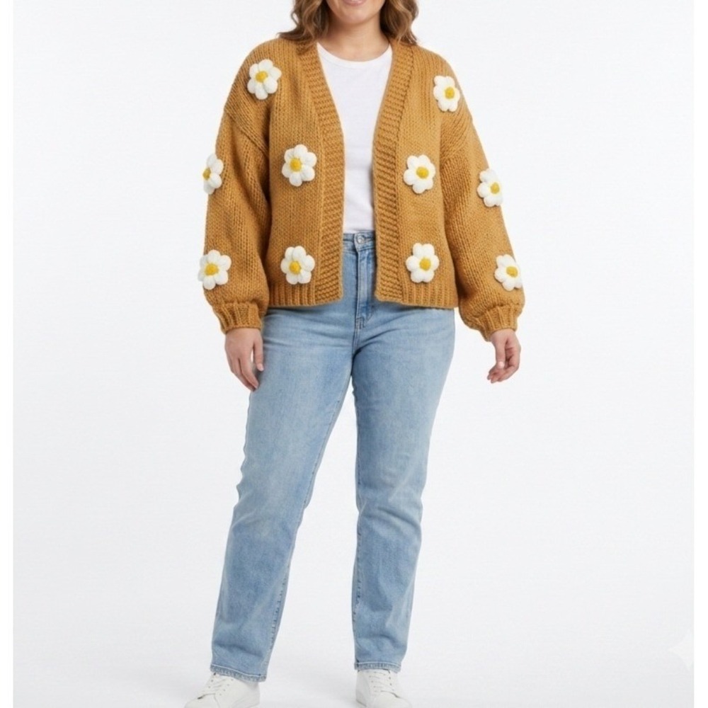 Altar'd State Daisy Cardigan S Brown 3D Flower Knit Sweater Boho Hippie